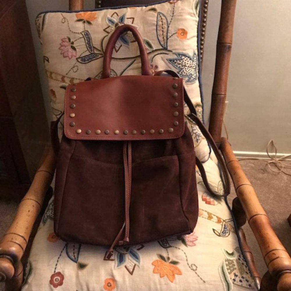 SUNDANCE Simplicity Brown Leather Studded Flap Backpack - Picture 4 of 13